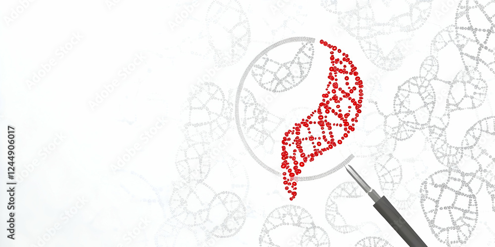 Red DNA Strand being constructed by a precision tool within a scientific background. Red DNA Strand being constructed by a precision tool within a scientific background.
