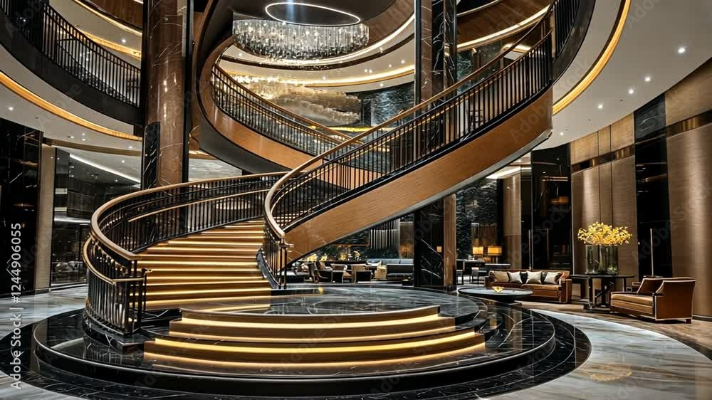 Grand Spiral Staircase in Luxurious Hotel Lobby