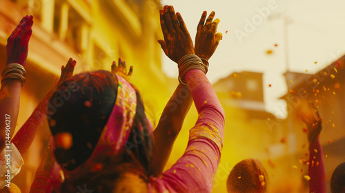 Joyful man celebrating Holi festival with vibrant yellow powder explosion in an energetic street scene, symbolizing happiness, culture, tradition, and festive spirit in India. photo