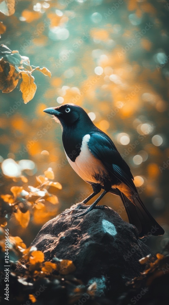 A magpie perched on a rock, surrounded by autumn leaves. A magpie perched on a rock, surrounded by autumn leaves.