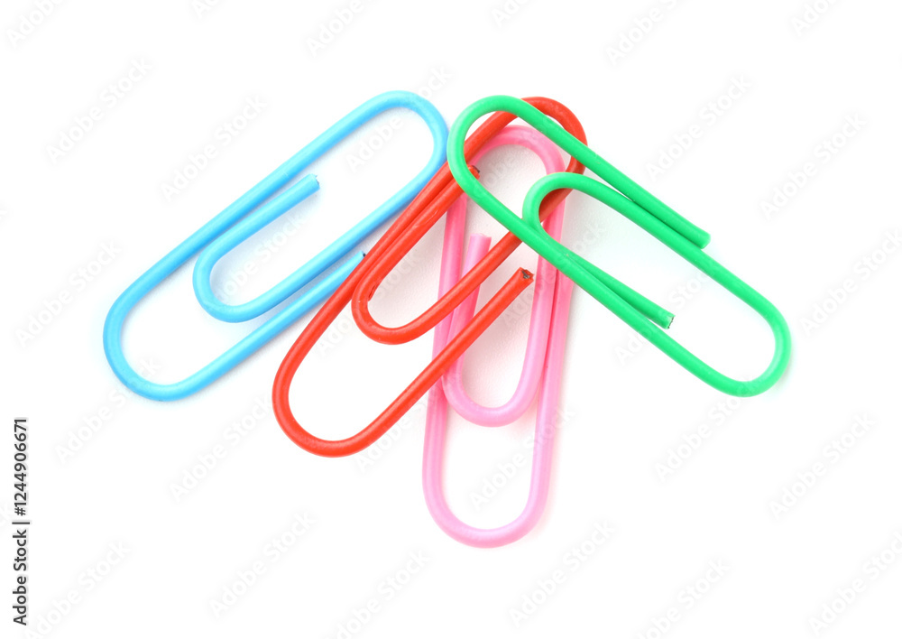 Many colorful paper clips isolated on white, top view Many colorful paper clips isolated on white, top view