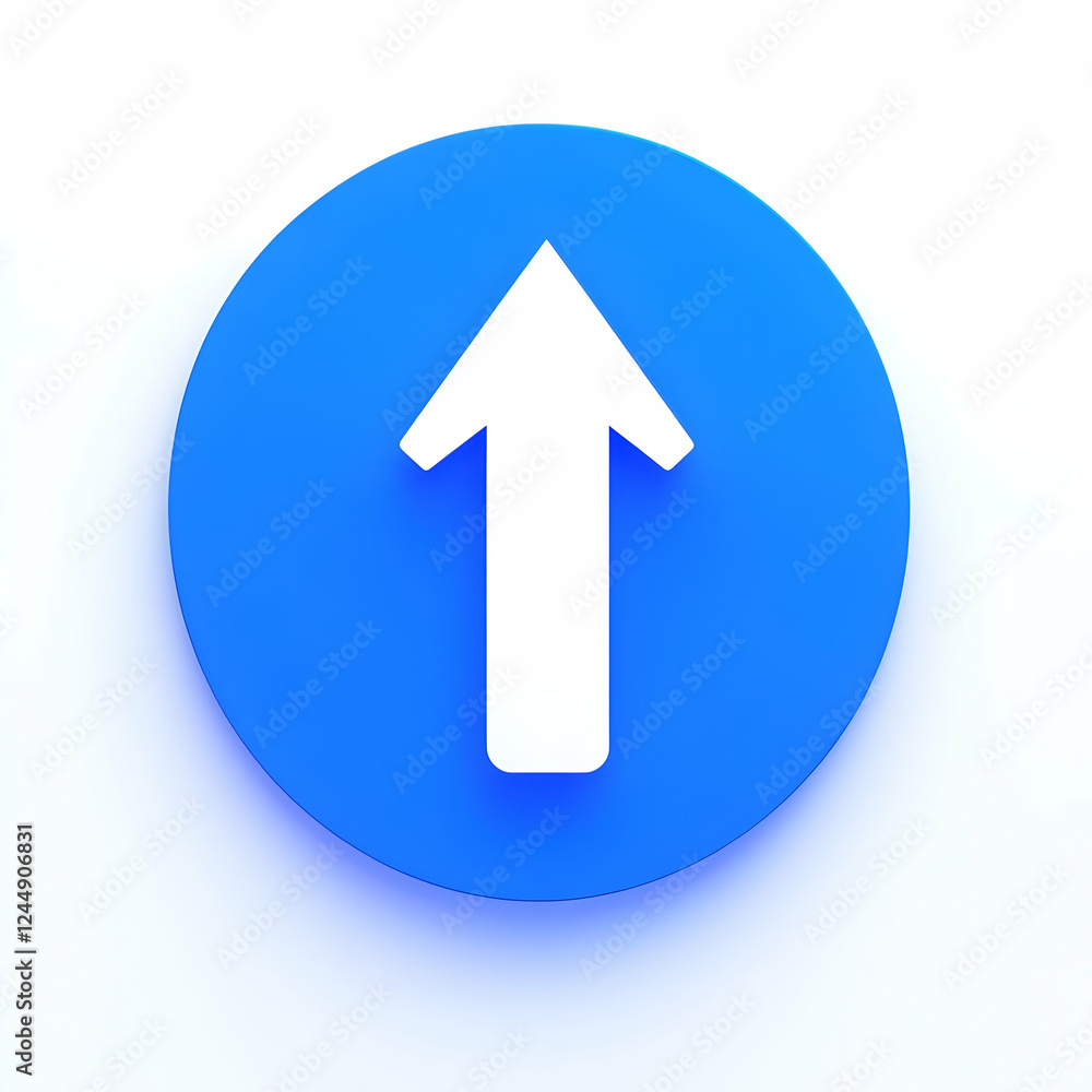 3D White Up Arrow in Blue Circle Points Upward, Symbolizing Progress and Direction 3D White Up Arrow in Blue Circle Points Upward, Symbolizing Progress and Direction