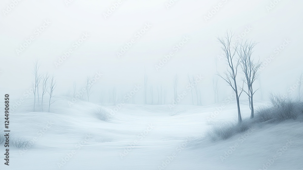 Naklejka premium Misty Winter Landscape: A Serene Snowy Scene