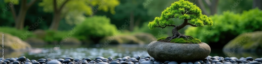 Fototapeta premium Low-angle shot of serene bonsai tree on rock with black pebble path in Zen garden, bonsai, stone