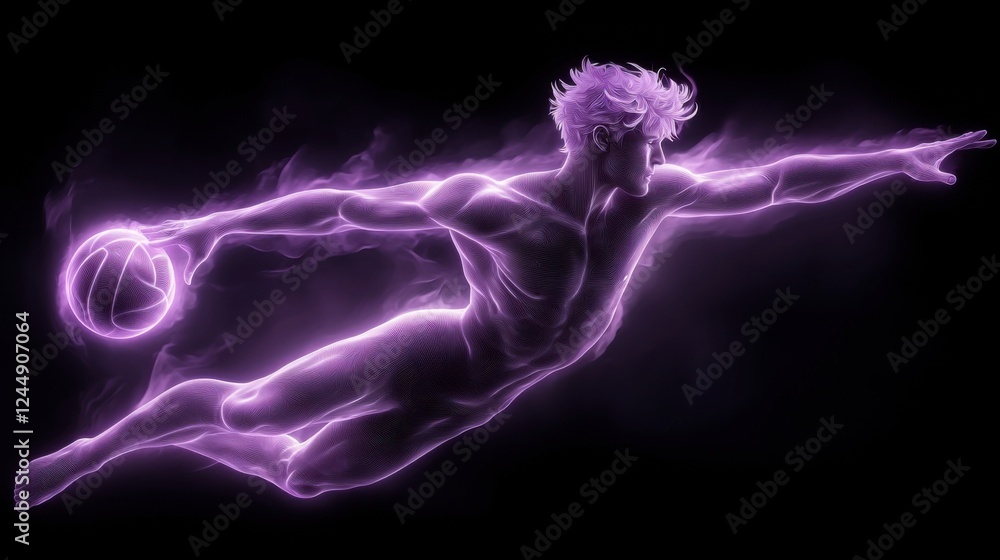 Dramatic Silhouette of a Volleyball Player Suspended in Mid Air with Swirling Glowing Energy Particles Surging Around Them in a Futuristic Surreal Composition Dramatic Silhouette of a Volleyball Player Suspended in Mid Air with Swirling Glowing Energy Particles Surging Around Them in a Futuristic Surreal Composition