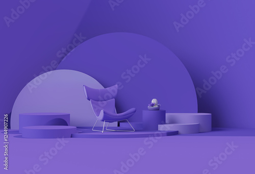 Interior of the room in plain monochrome pastel purple color with furnitures and podium. Light background with copy space. 3D rendering for web page, presentation or backgrounds.
