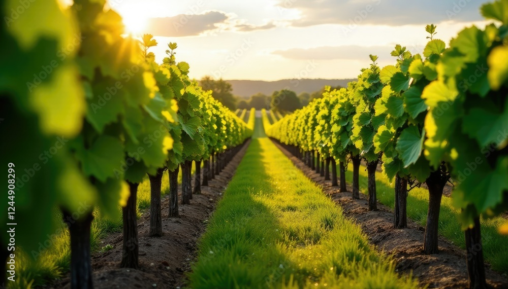 Naklejka premium rows of vines with sunlight filtering through leaves, sunlight, vineyard life, countryside