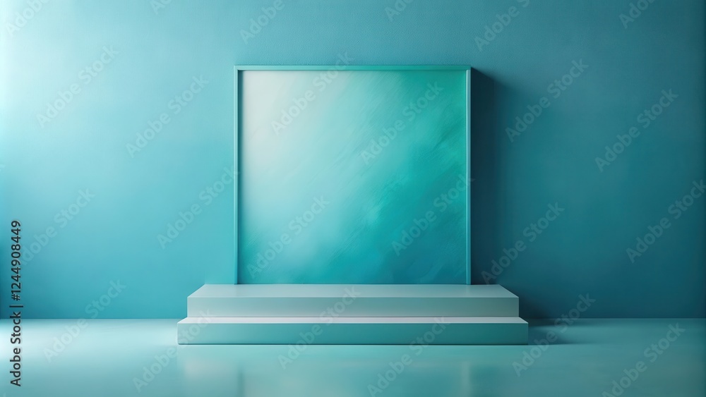 Serene teal room with a two-tiered display and a large framed artwork ideal for product presentation or design showcase Serene teal room with a two-tiered display and a large framed artwork ideal for product presentation or design showcase