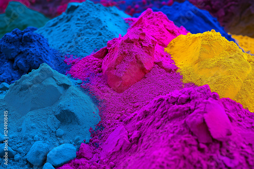 Piles of colorful Holi festival powders in shades of blue, yellow, pink, and purple, representing tradition, celebration, joy, and the vibrant spirit of cultural festivity. photo