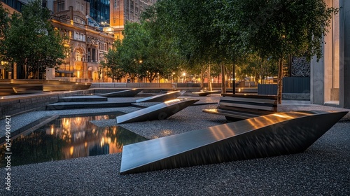 Modern urban park at dusk, featuring sleek metallic benches and reflecting pools.