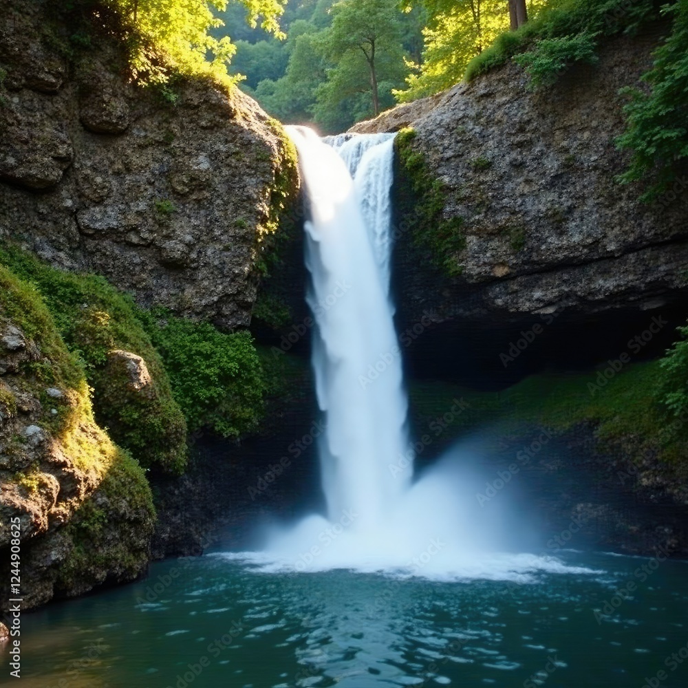 Fototapeta premium Serene waterfall cascading down a rocky slope, peaceful, serene