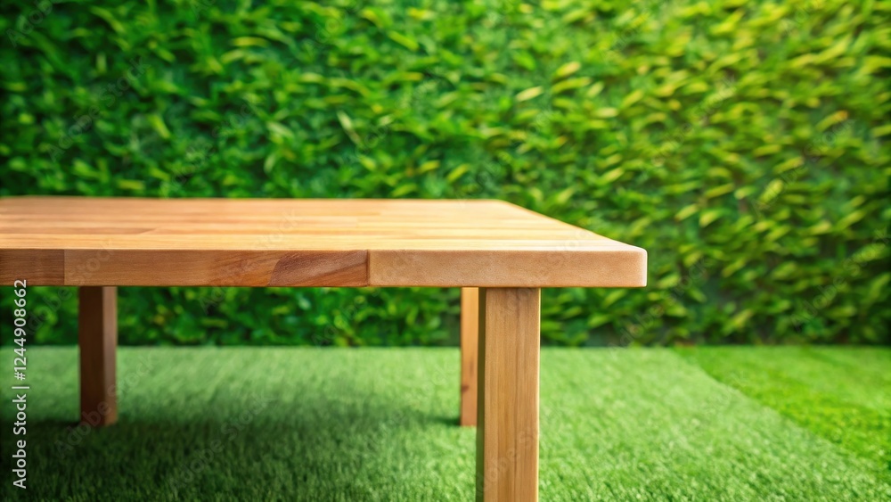 Empty wooden table in a tranquil outdoor setting with lush green background Empty wooden table in a tranquil outdoor setting with lush green background