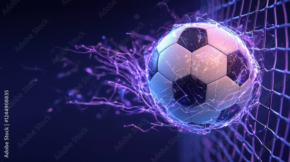 Fototapeta premium Explosive Soccer Ball Smashing Through Glowing Net in Dynamic Action Shot with Dramatic Electricity and Motion Blur Effects for High Energy Sports Concept