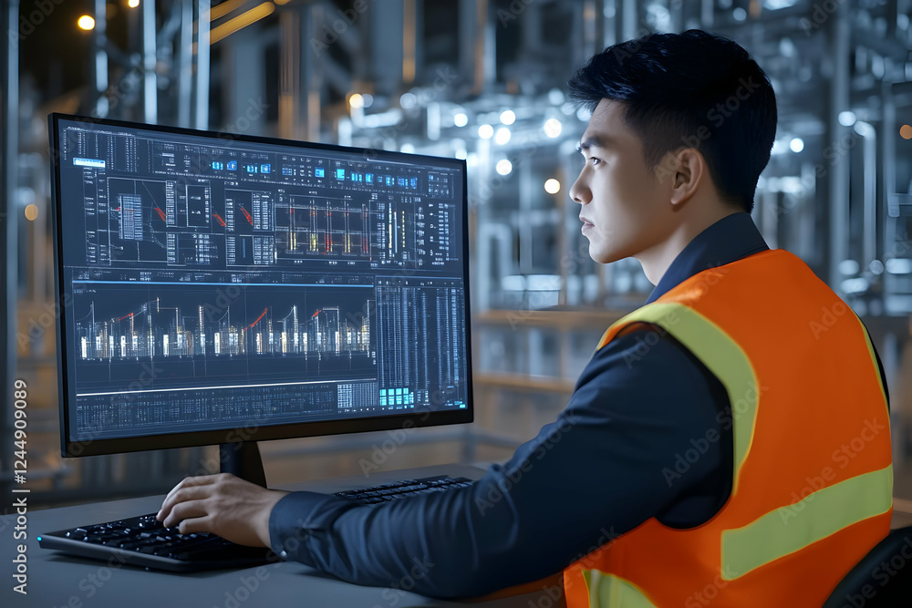 Fototapeta premium Industrial Engineer Monitors Production Line Data on Computer Screen in Factory Control Room