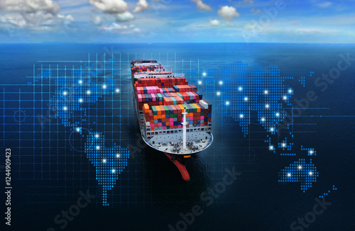Photography Aerial top view containers ship cargo business commercial logistic and transportation international import export by container freight cargo ship in the open seaport show ocean network on map