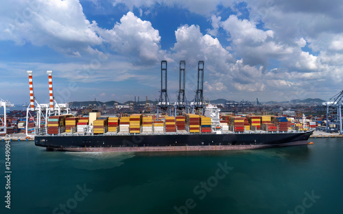 Canvas Print Aerial top view containers ship cargo business commercial logistic and transportation international import export by container freight cargo ship in the open seaport show ocean network on map