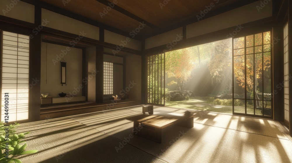 Fototapeta premium Sunlit minimalist Japanese room with autumn garden view.