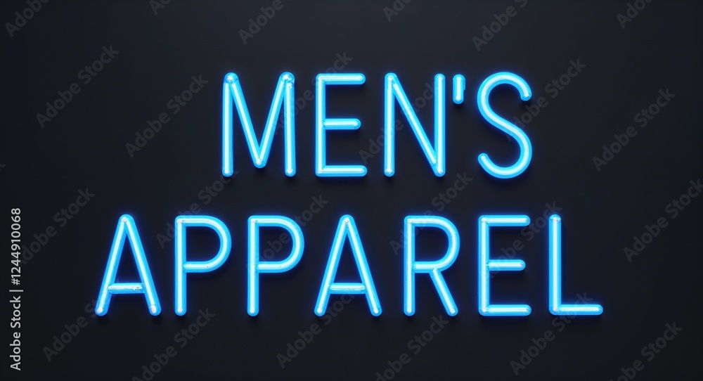 mens apparel word lettering with neon blue glow on plain black dark background mens apparel word lettering with neon blue glow on plain black dark background