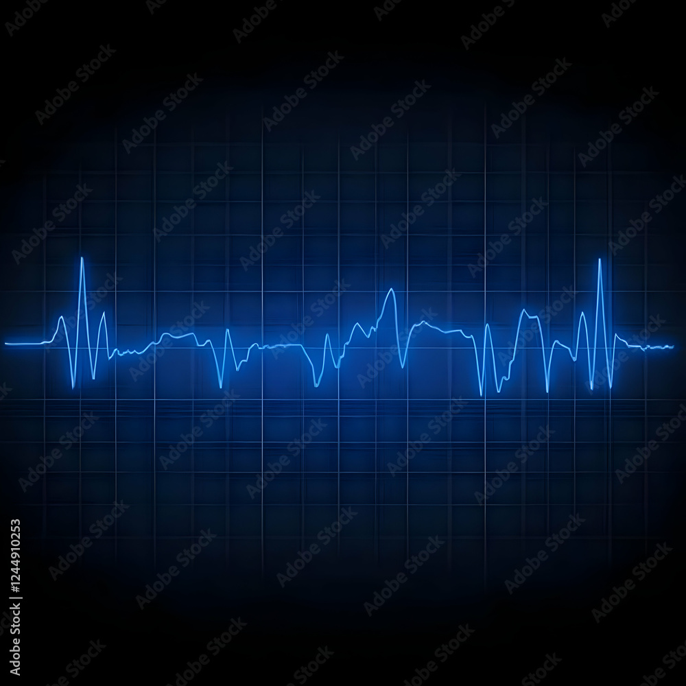 Fototapeta premium Glowing Blue Sound Wave on a Dark Grid Background Creates Visual Rhythm