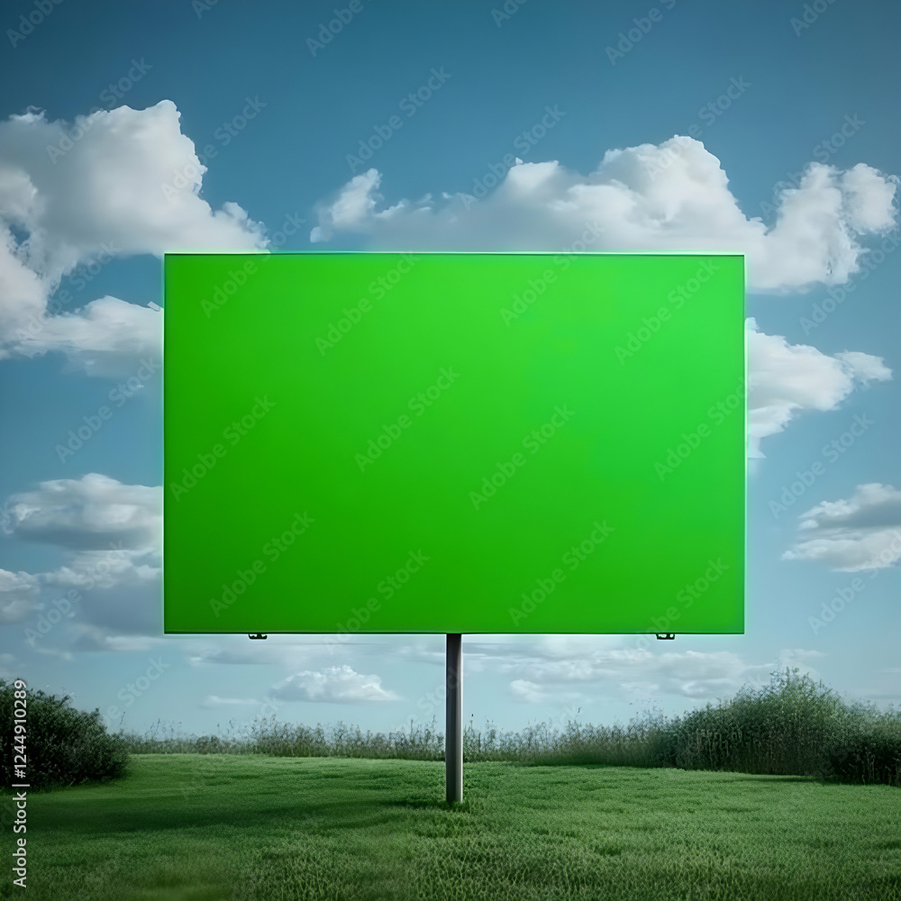 Blank Green Billboard Stands in a Green Field under a Cloudy Blue Sky Blank Green Billboard Stands in a Green Field under a Cloudy Blue Sky