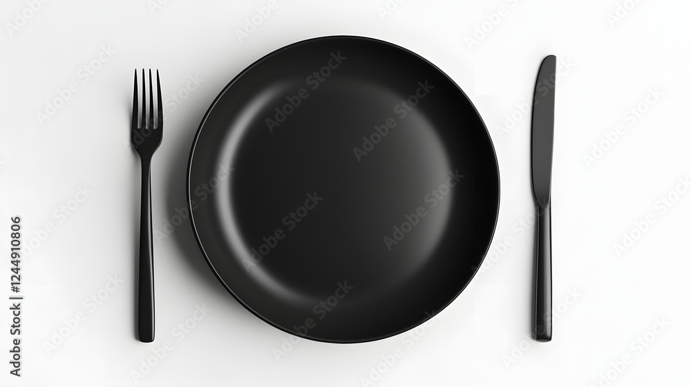 Black Round Plate with Cutlery – Elegant Table Setting on White Background Black Round Plate with Cutlery – Elegant Table Setting on White Background