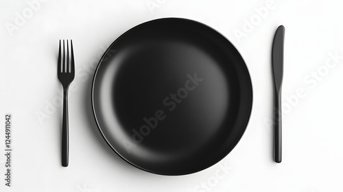 Black Round Plate with Cutlery – Elegant Table Setting on White Background
