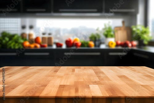 Empty Wooden Table Top with...