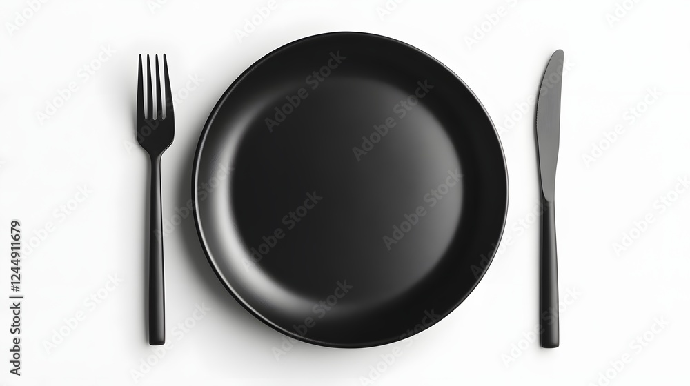 Black Round Plate with Cutlery – Elegant Table Setting on White Background Black Round Plate with Cutlery – Elegant Table Setting on White Background