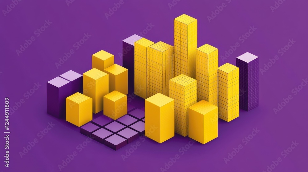 Abstract 3D isometric city skyline composed of yellow and purple blocks. Abstract 3D isometric city skyline composed of yellow and purple blocks.