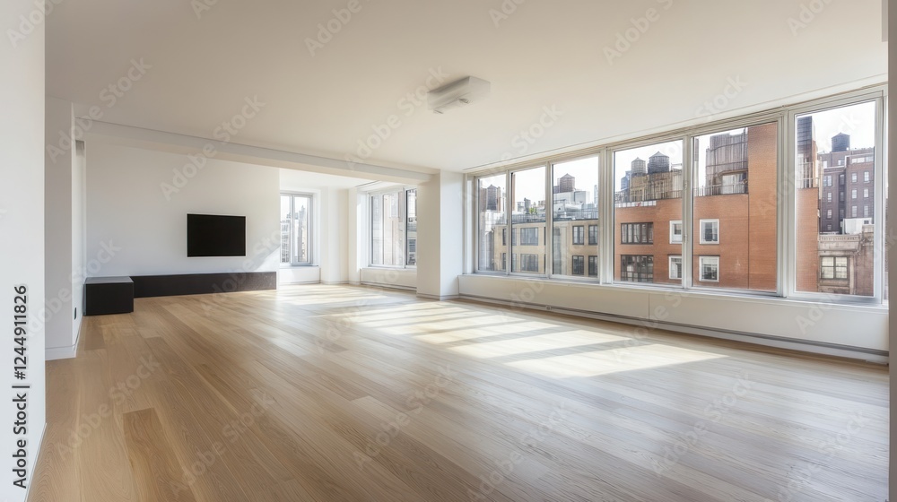 Fototapeta premium Sunlit empty modern apartment living room with hardwood floors and city view from large windows.