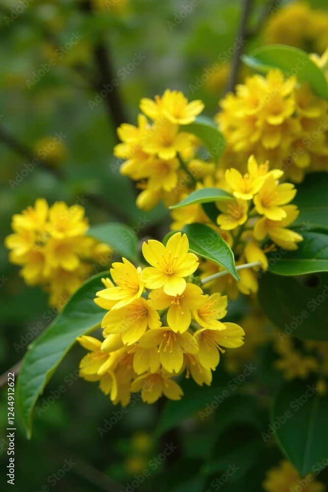 Clusters of yellow flowers on Mahonia aquifolium branches during spring bloom, shrub, botanical, spring interest Clusters of yellow flowers on Mahonia aquifolium branches during spring bloom, shrub, botanical, spring interest