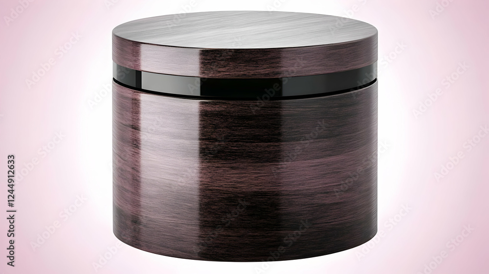 Dark Wood Grain Cosmetic Jar with Metal Lid and Black Band on Pink Background Dark Wood Grain Cosmetic Jar with Metal Lid and Black Band on Pink Background
