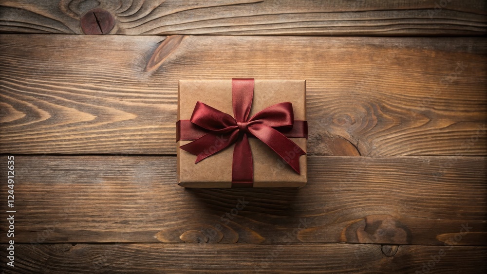 A small gift box with a dark red ribbon bow, presented on a rustic wooden surface A small gift box with a dark red ribbon bow, presented on a rustic wooden surface