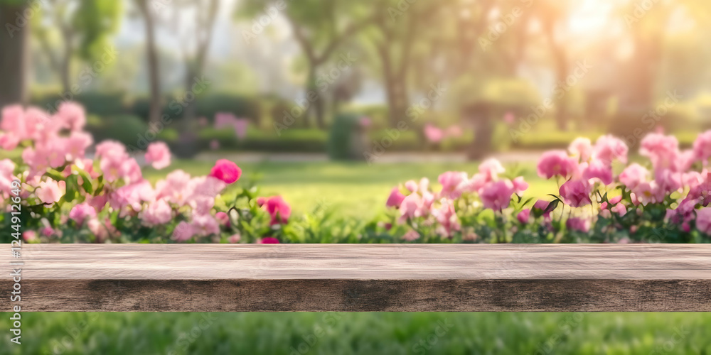 Empty Wooden Table Presents a Blurred Pink Flower Garden Background in Spring Season. Empty Wooden Table Presents a Blurred Pink Flower Garden Background in Spring Season.