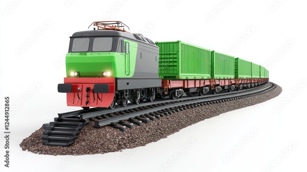 Green freight train on railway tracks, isolated on white background. Green freight train on railway tracks, isolated on white background.