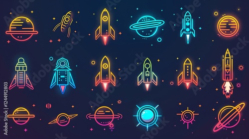 Colorful neon space rockets and planets icons set.