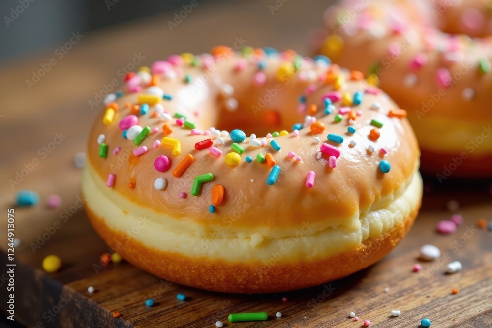 Colorful sprinkles scattered on top of a soft doughnut, decorated baked goods, twisted baked goods Colorful sprinkles scattered on top of a soft doughnut, decorated baked goods, twisted baked goods