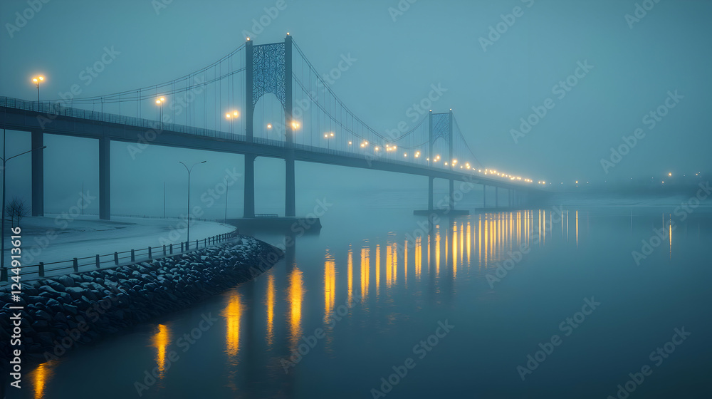 Obraz premium Foggy bridge, city lights reflecting, winter