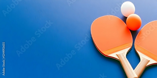 Two Orange Table Tennis Paddles and Balls Rest on a Vibrant Blue Surface, Ready for a Game. photo