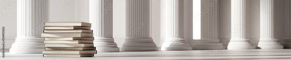 Stack of books near white columns in a classical building. Stack of books near white columns in a classical building.
