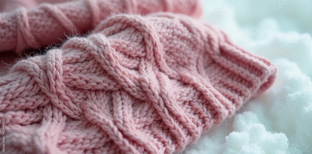 Fototapeta premium Folded cabled woolen sweater with intricate stitches on white surface, winter, knitting