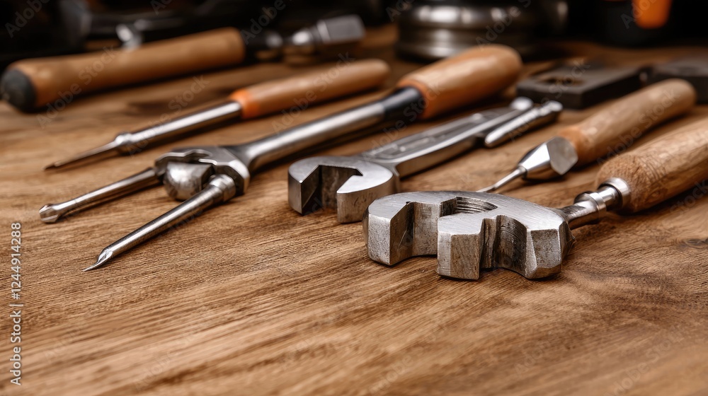 Workshop tools on wooden table, repair background Workshop tools on wooden table, repair background
