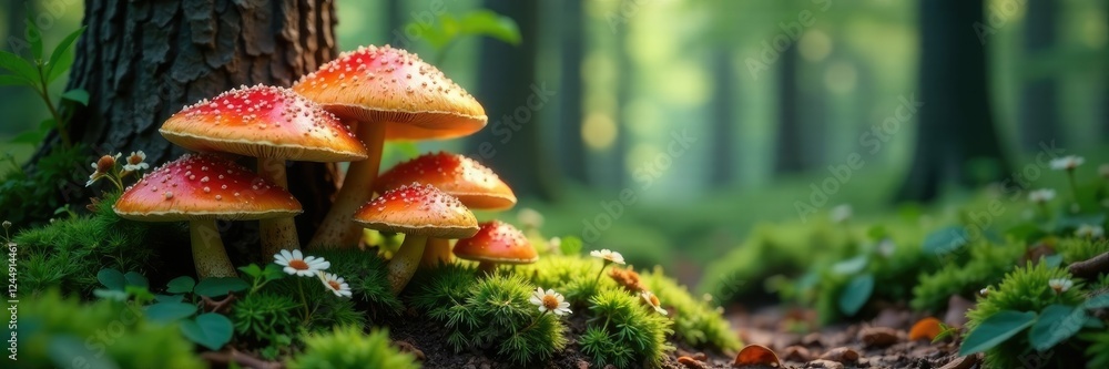 Obraz premium Forest with mushroom clusters and tree trunks, trees, forest life