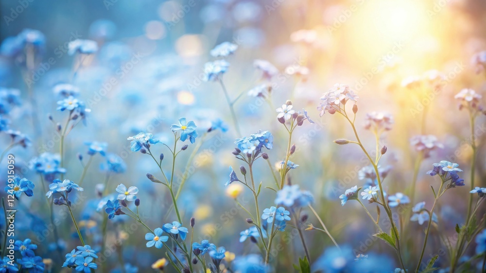 Fototapeta premium A field of delicate blue wildflowers bathed in the golden light of the setting sun, a tranquil and serene springtime scene