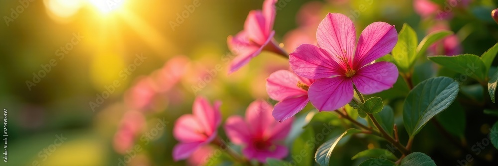 Fresh pink hedge flower blooms in the morning sun, sunlight, greenery Fresh pink hedge flower blooms in the morning sun, sunlight, greenery