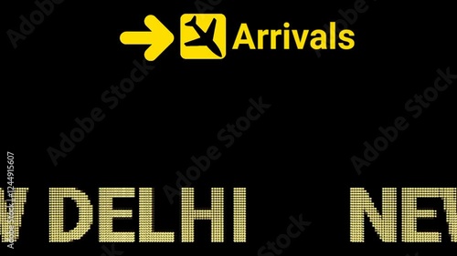 Welcome to NEW DELHI. Animated LED Text on a Black Background for Airport Arrival Scenes. Suitable for filmmakers, video editors, and advertisers looking to add a sleek, high-tech touch to their work