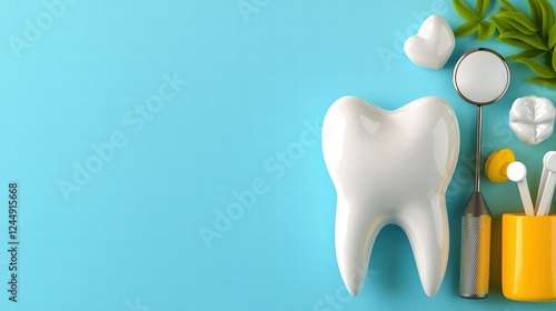 Dental Hygiene Tools and White Tooth on Blue Background