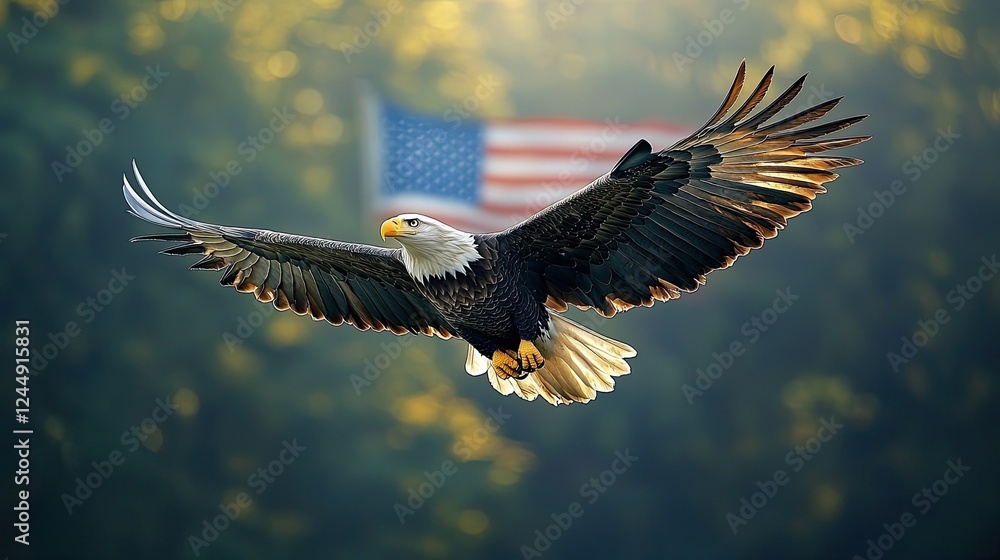 Fototapeta premium Majestic bald eagle soaring with the American flag in the background during a sunny day