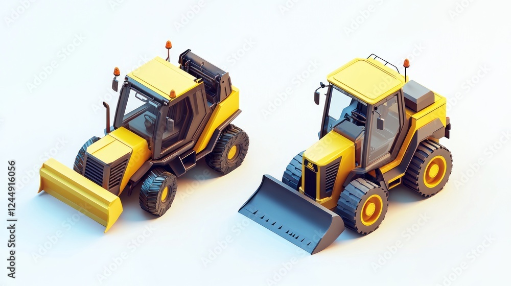 Two yellow low-polygonal bulldozers, front and side view, isolated on white. Two yellow low-polygonal bulldozers, front and side view, isolated on white.