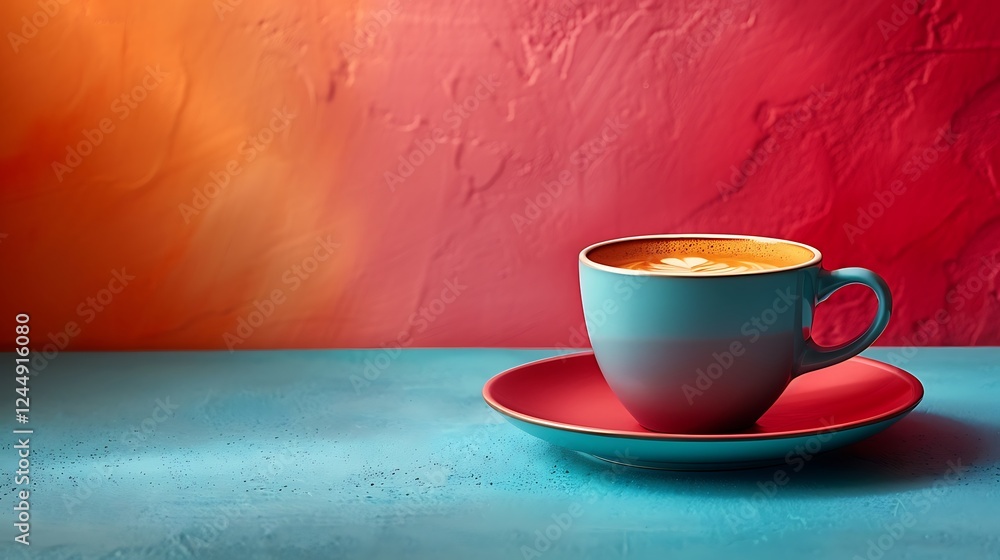 Obraz premium A minimalist coffee cup with golden crema on a gradient lavender-to-teal background, with smooth textures for a modern feel